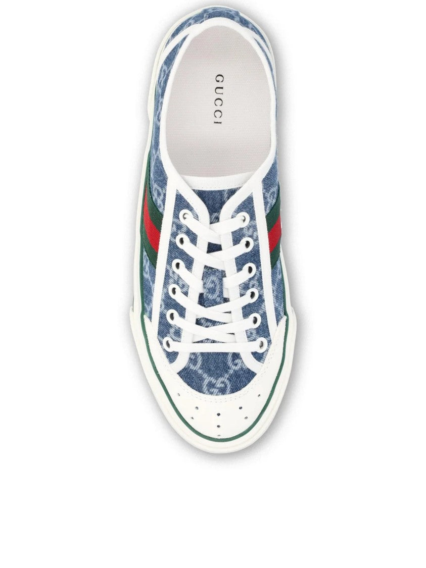 Gucci Blue Tennis Denim Monogram Stripe Sneakers