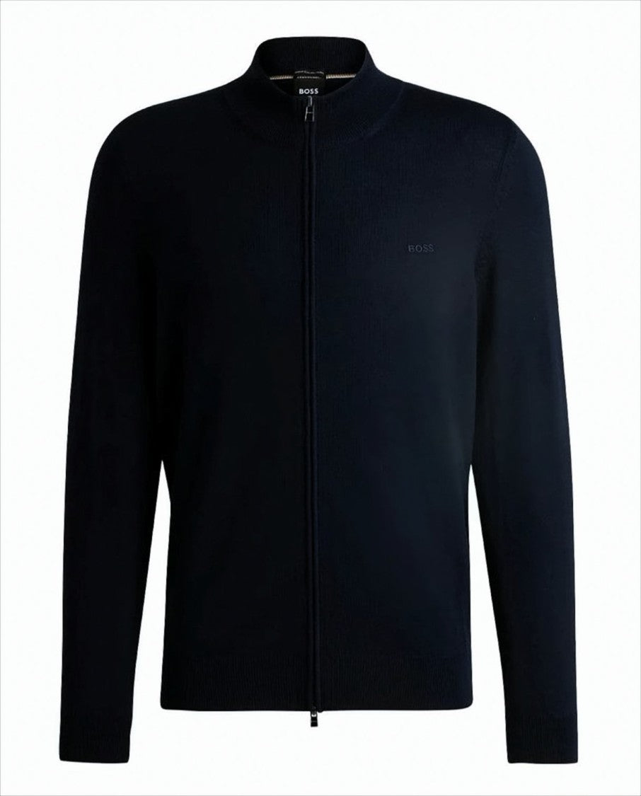 Boss Mandarin Collar Blue Cardigan With Tailored Fit