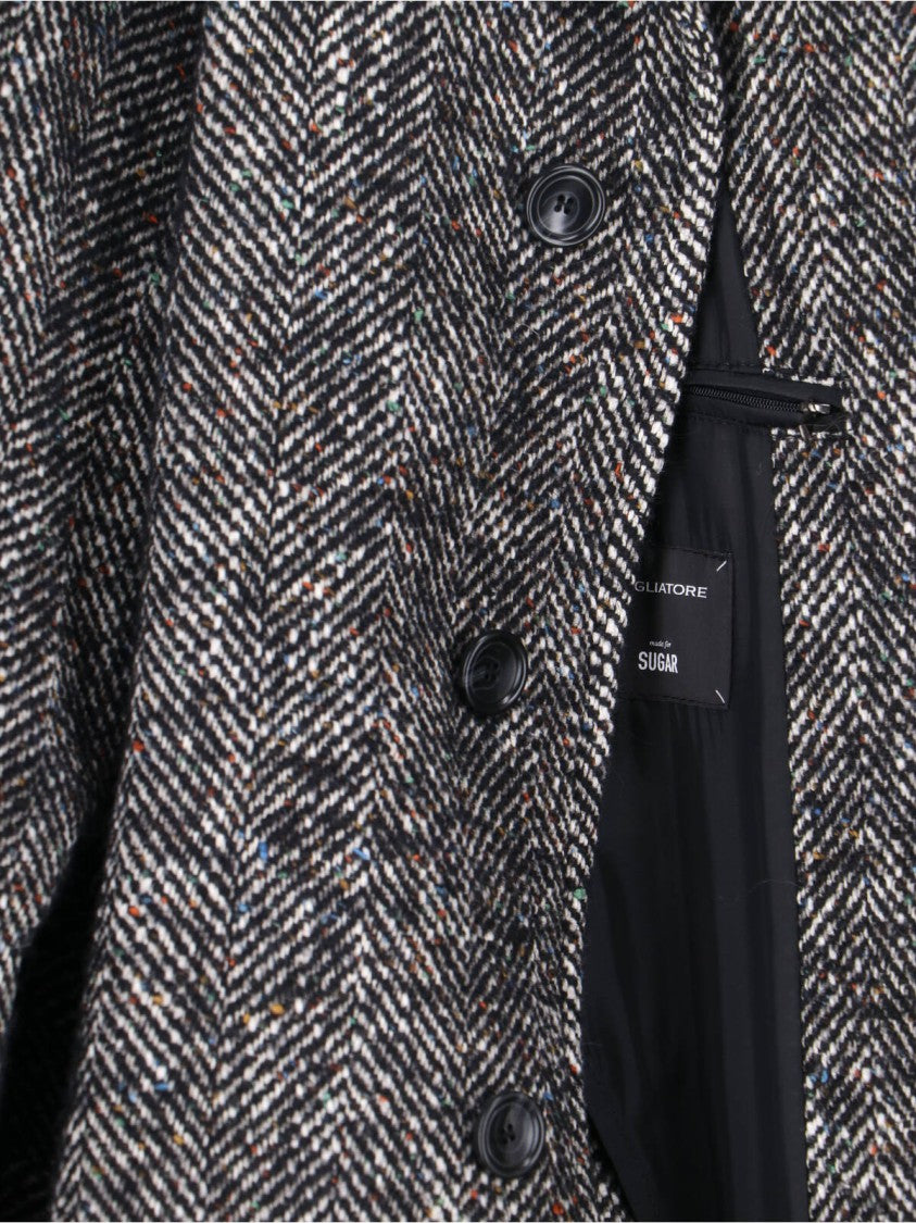 Tagliatore Multicolour Herringbone Coat With Structured Collar And Belted Waist