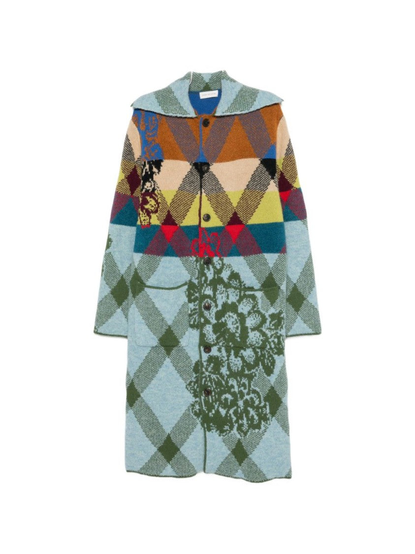 Dries Van Noten Mid-Length Diamond Patterned Coat With Structured Collar