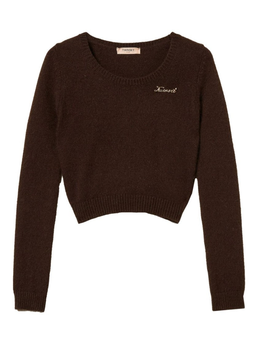 Twin-Set Cropped Long-Sleeved Sweater With Fuzzy Texture