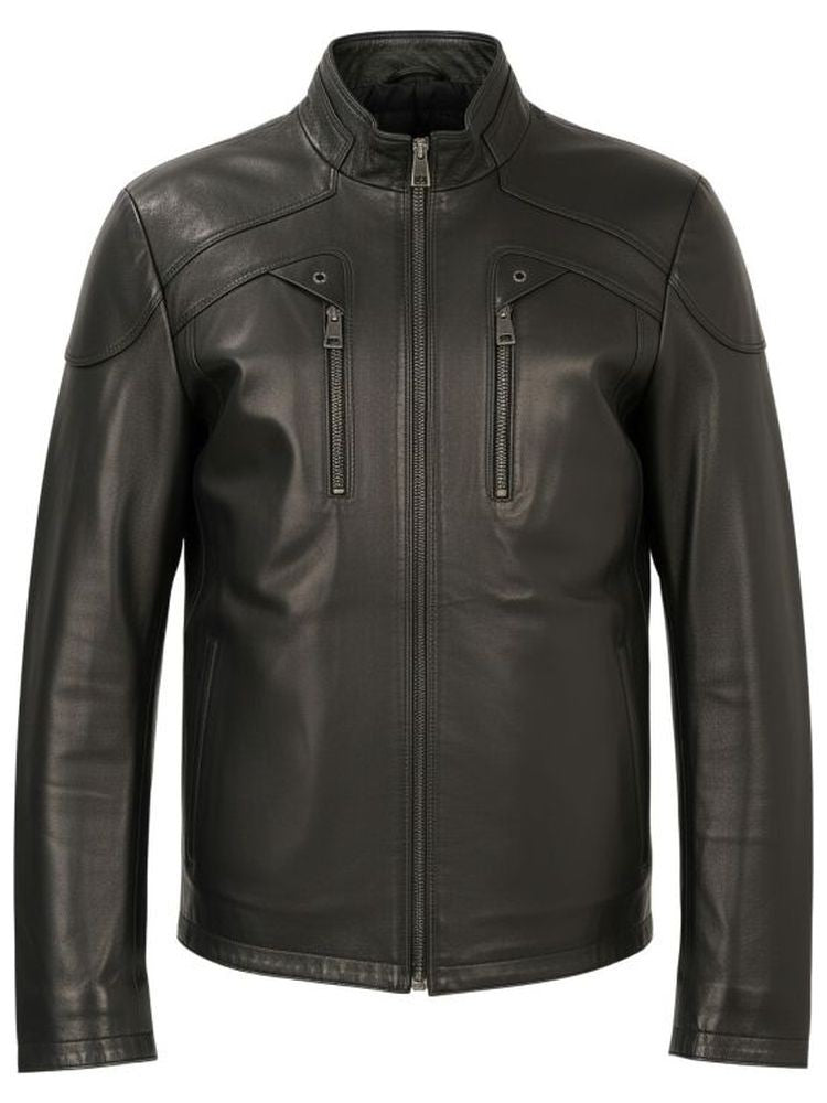 Sergio Moretti Black Tailored Stand Collar Sheep Leather Jacket