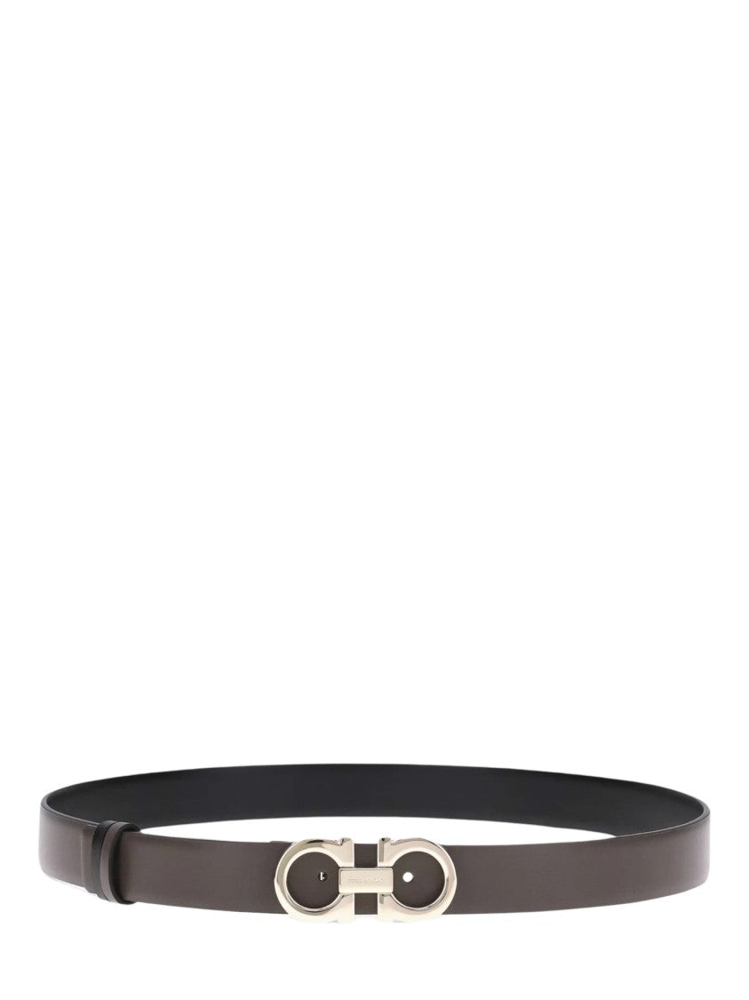 Ferragamo Smooth Brown Calf Leather Belt With Polished Double Gancini Buckle