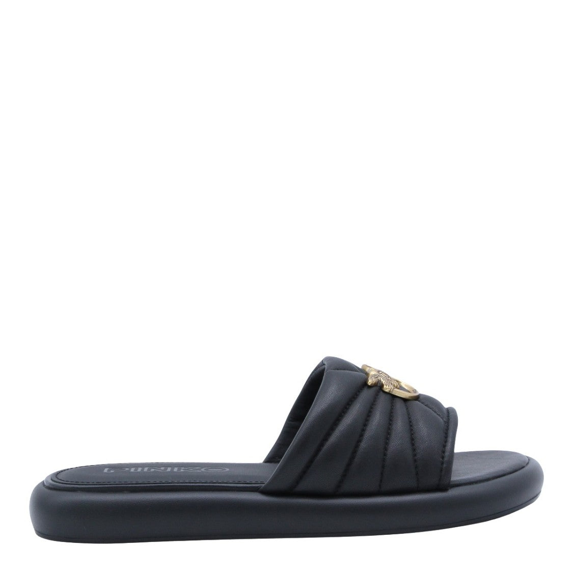 Pinko Black Flats With Padded Quilted Strap And Decorative Emblem
