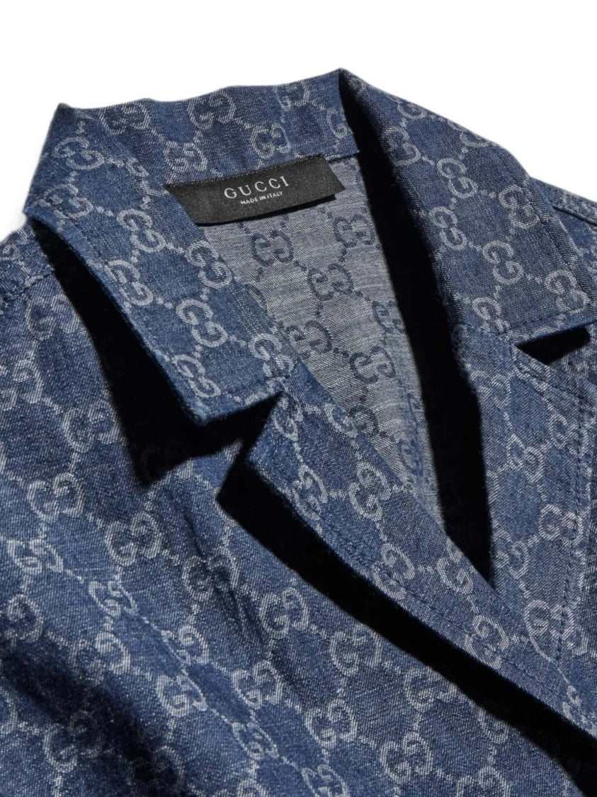 Gucci Short-Sleeved Light Denim Shirt With Monogram Pattern