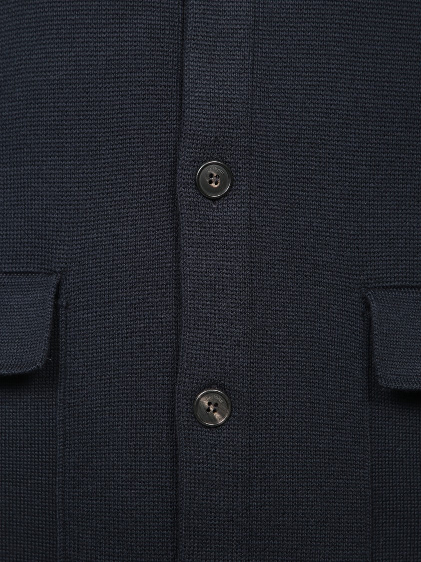 Zanone Navy Blue Cardigan With High Neck And Pockets