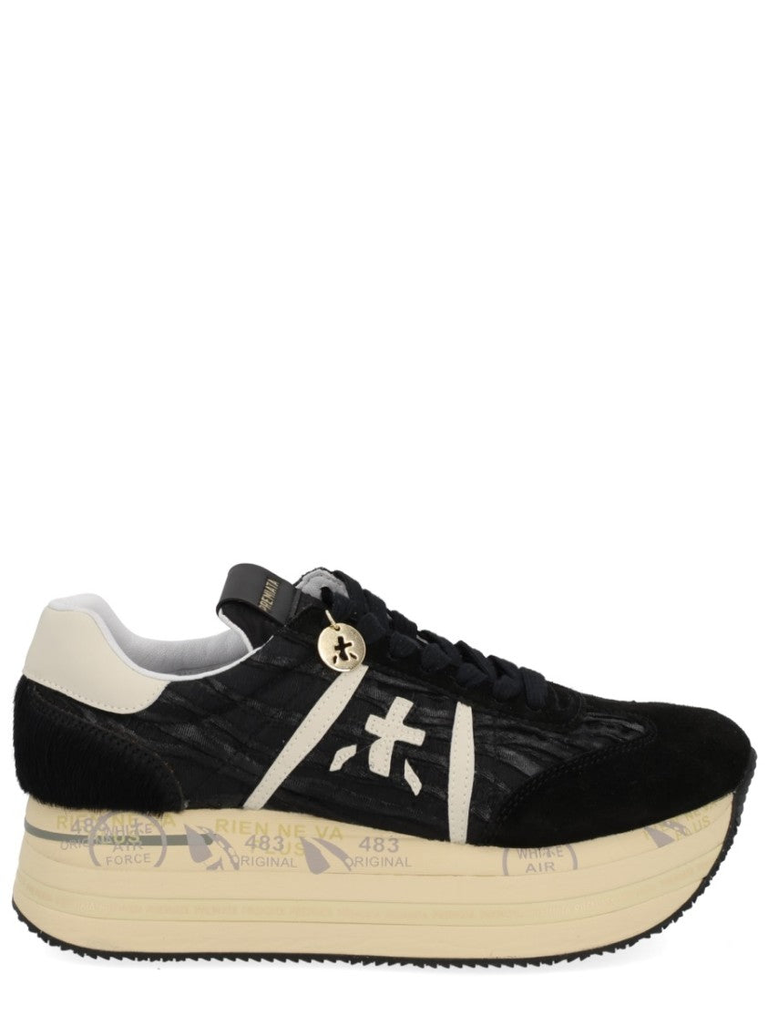 Premiata Chunky Black Leather Sneakers With Cream Sole And Gold Charm