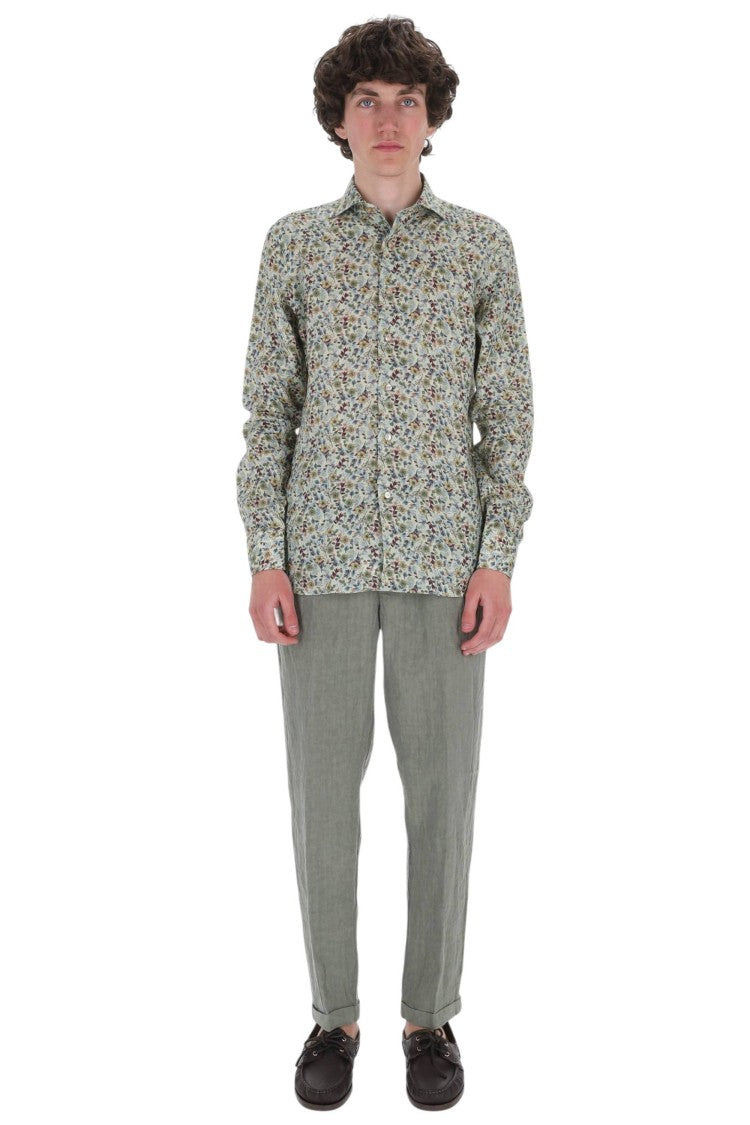 Borriello Green Flower Pattern Linen Casual Shirt