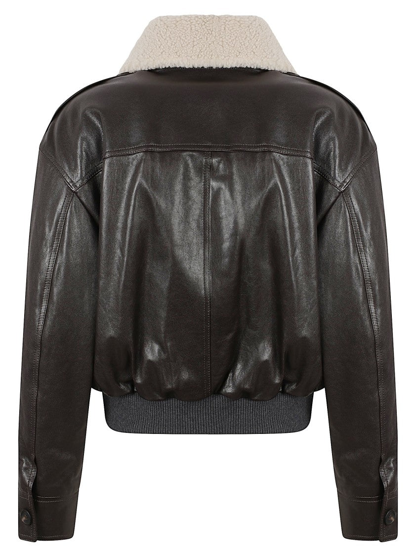 Brunello Cucinelli Cropped Shearling Collar Leather Jacket