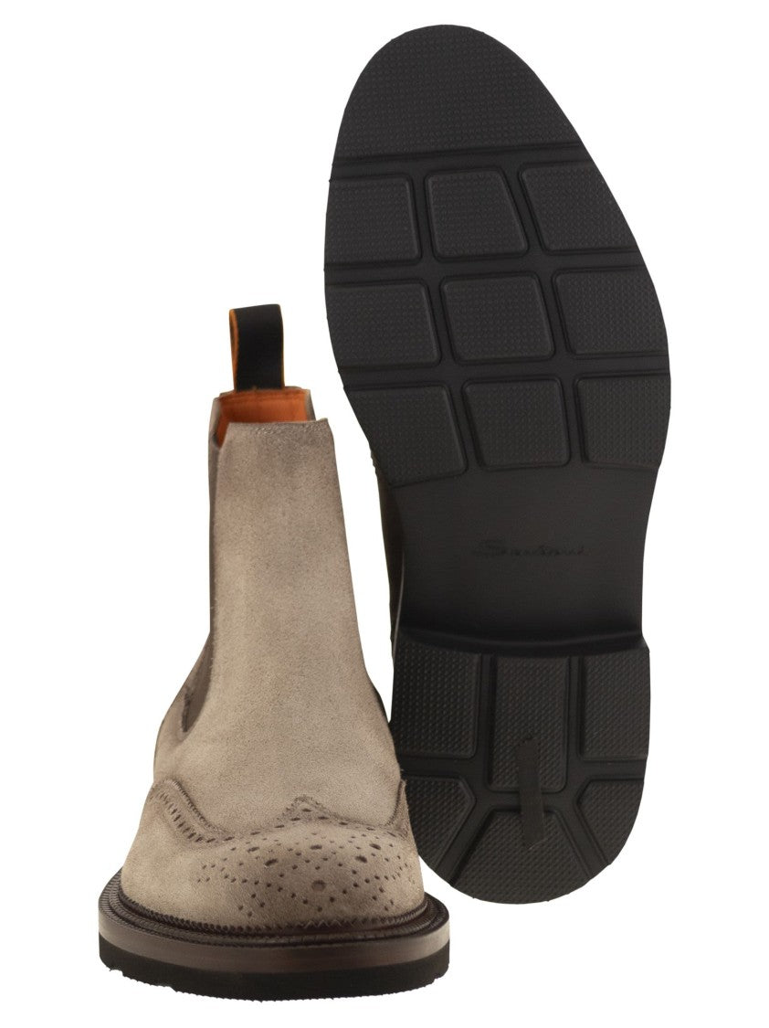 Santoni Chelsea Brogue Suede Ankle Boot