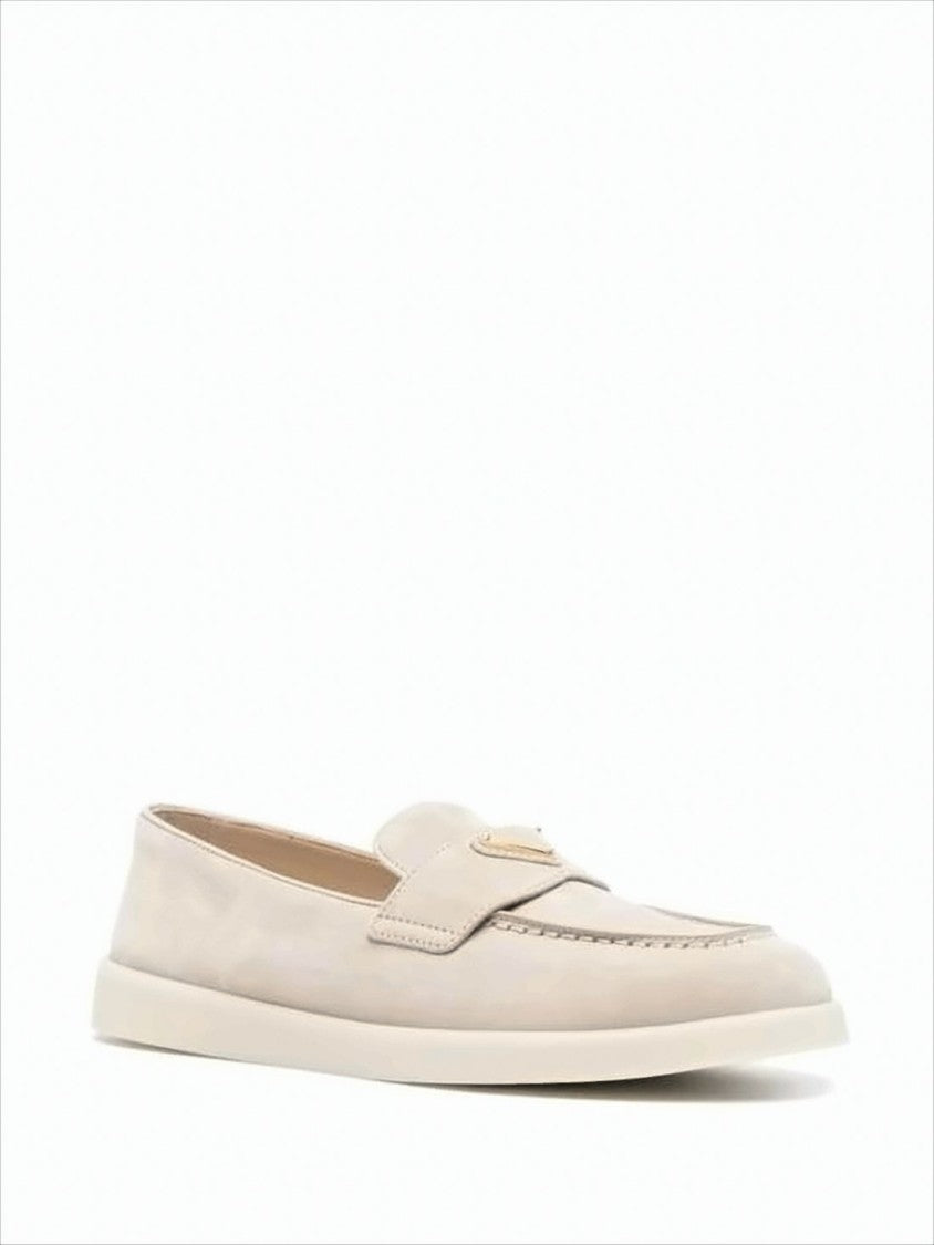 Prada Minimalist Suede And Calf Leather Loafers With Metallic Emblem