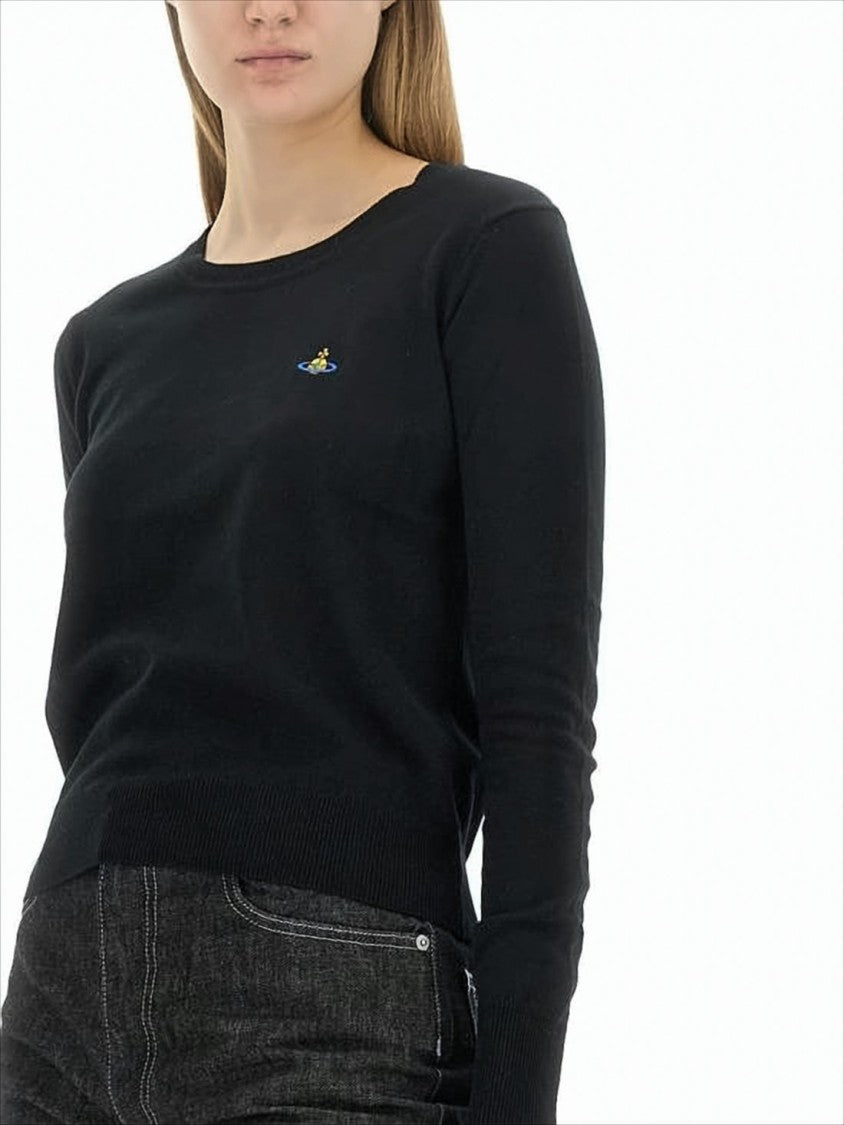 Vivienne Westwood Fitted Black Cashmere-Cotton Blend Sweater With Embroidered Emblem