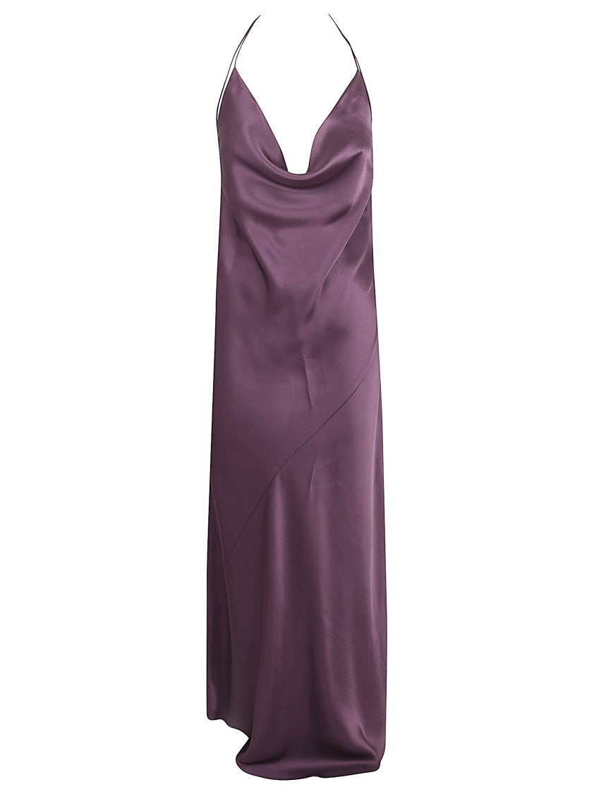 Pinko Draped Purple Satin Midi Dress With Ribbons