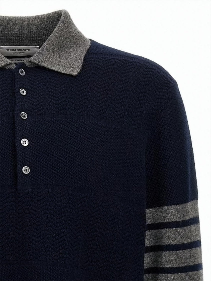 Thom Browne Textured Navy Wool Sweater With Contrasting Accents
