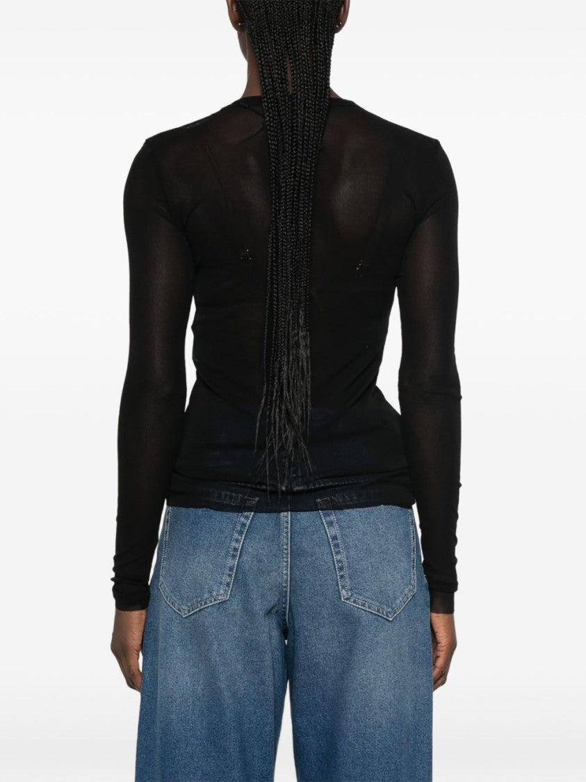 Jean Paul Gaultier Black Sheer Mesh Velvet Logo Long-Sleeved Top