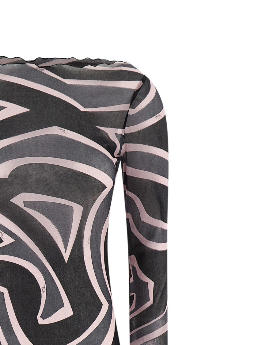 Emilio Pucci Long Marble Print Tulle Dress With Boat Neckline