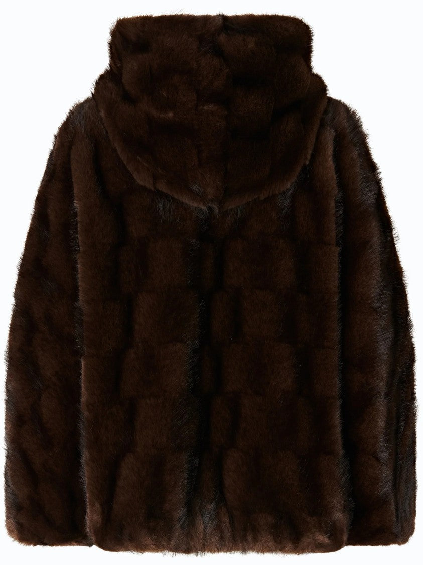 Pinko Plush Dark Brown Checkered Fur Jacket With Hood And Leather Trim