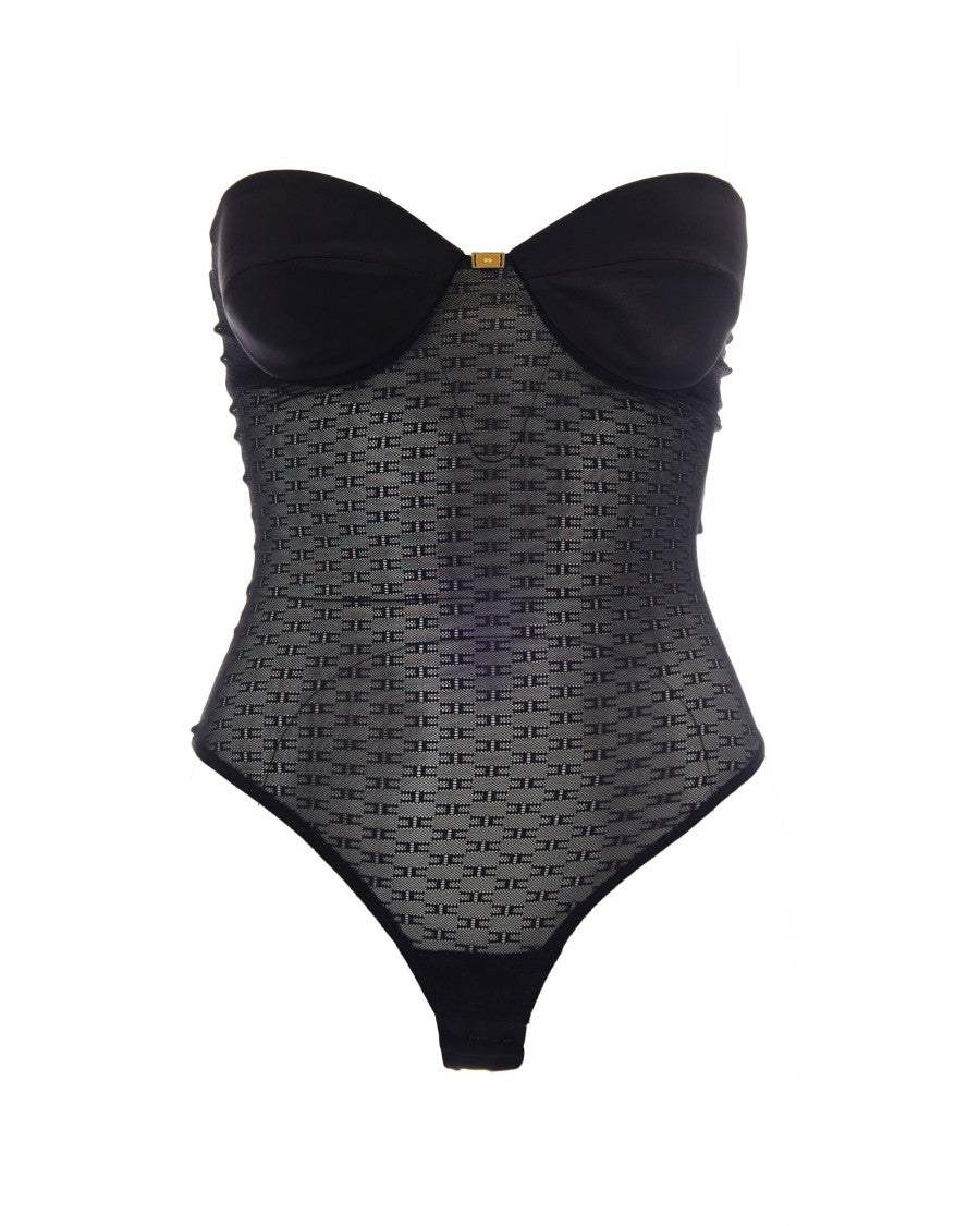 Elisabetta Franchi Body Tulle Jacquard With Satin-Covered Cups And Gold Logo Detail