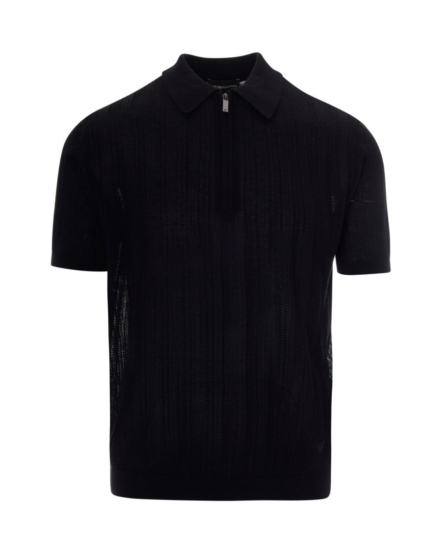 Emporio Armani Vertical Textured Knit Polo Shirt With Partial Zip Closure