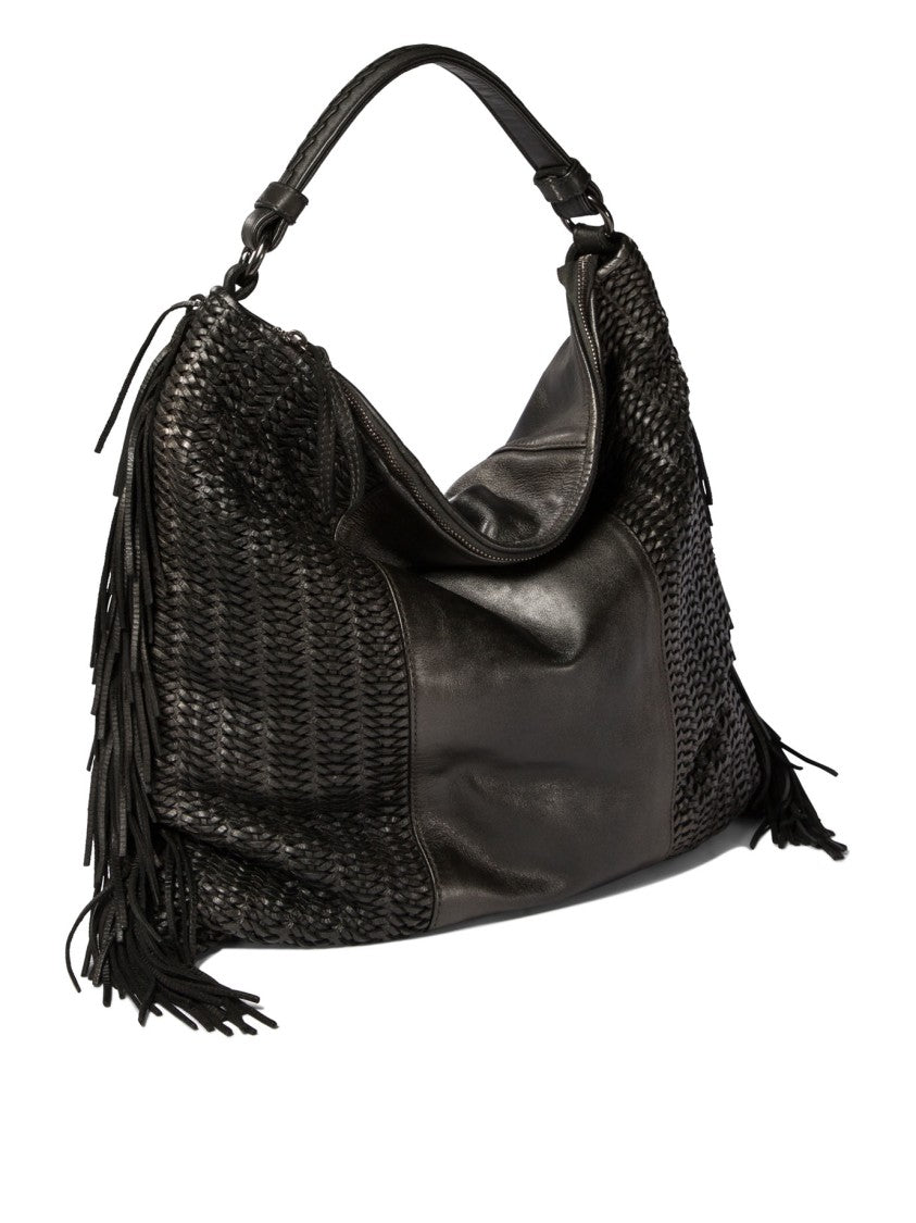 Giancarlo Nevola Smooth Leather Shoulder Bag With Woven Panels And Fringe Detail