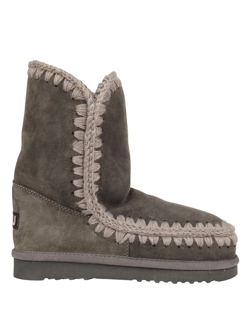 Mou Grey Crochet Wool Stitching Sheepskin Mid-Calf Boots