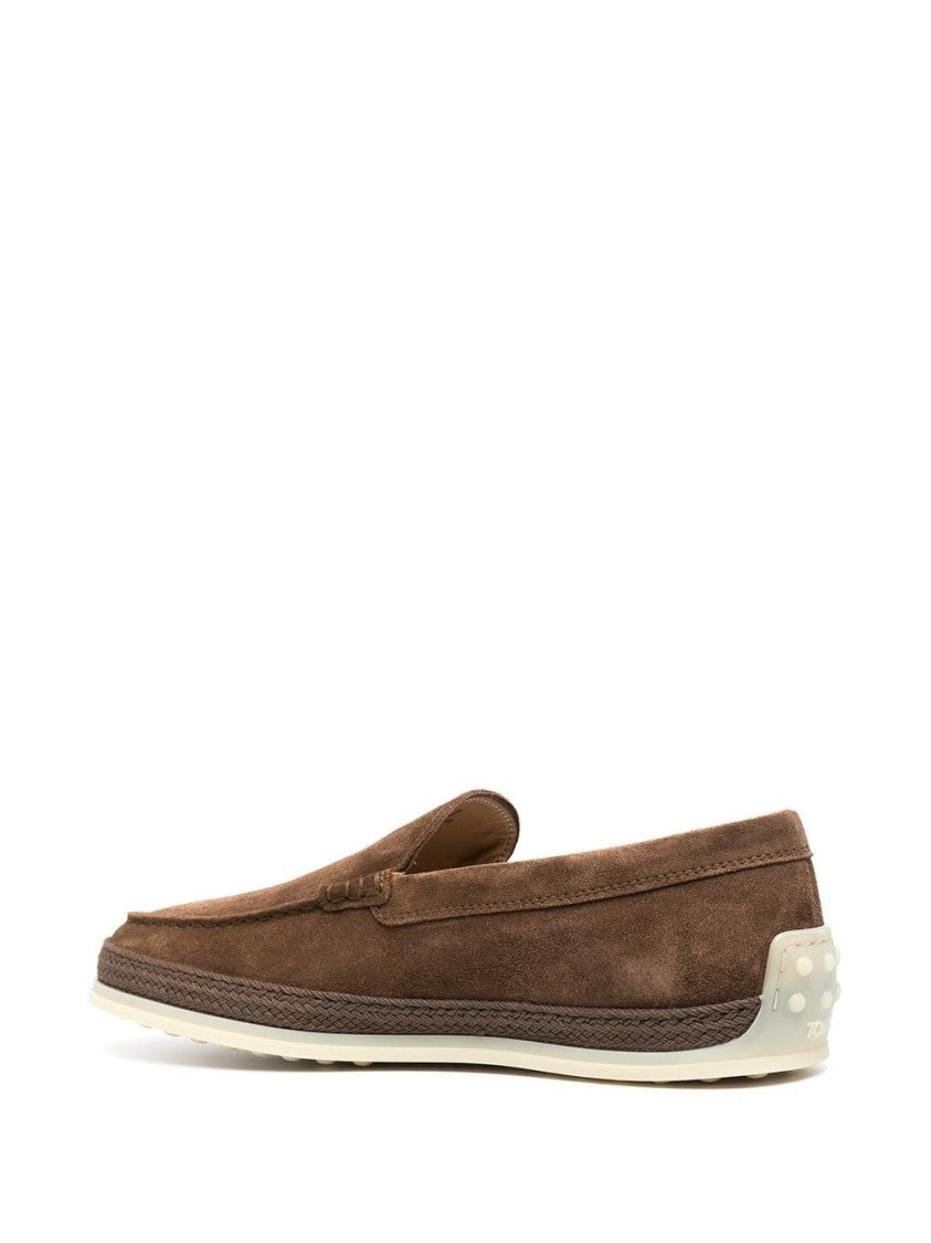 Tod's Brown Suede Leather Moccasin Loafers With Textured Grip Sole