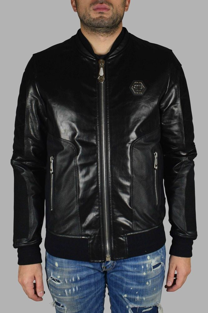 Philipp Plein Black Leather Bomber Jacket With Suede Inserts
