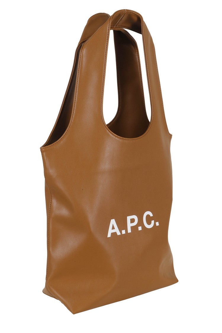 A.P.C. Camel Tote Ninon Small White Logo Polyurethane Tote Bag