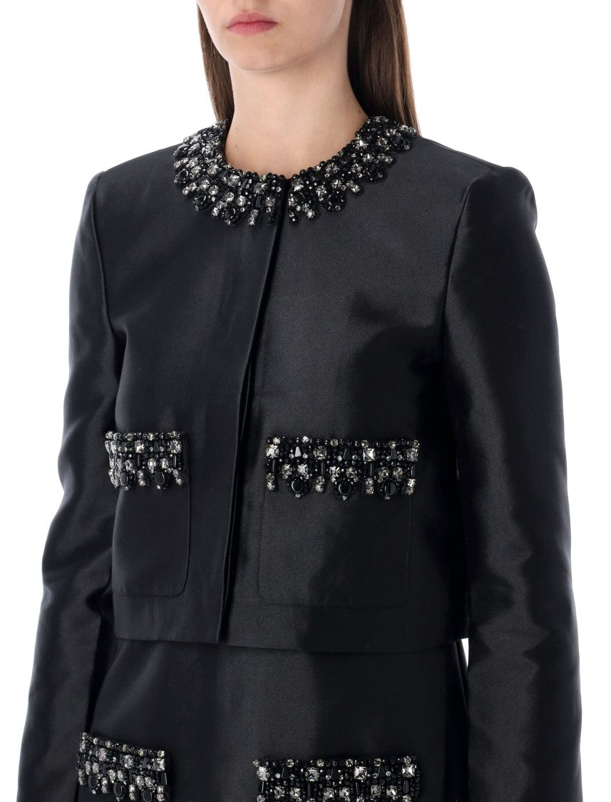 Self-Portrait Black Taffeta Embellished Trim Jacket
