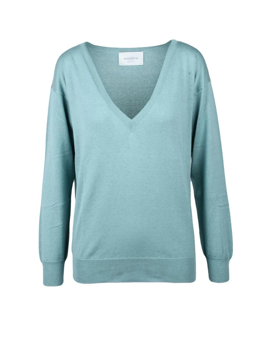 Ballantyne Sage Green V-Neck Silk-Cotton Knit Pullover