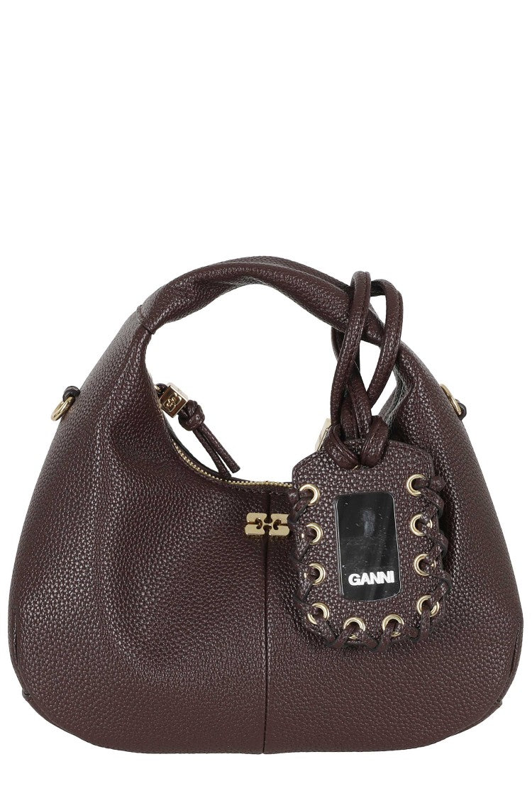 Ganni Coffee Mini Grained Removable Strap Polyester Hobo Handbag