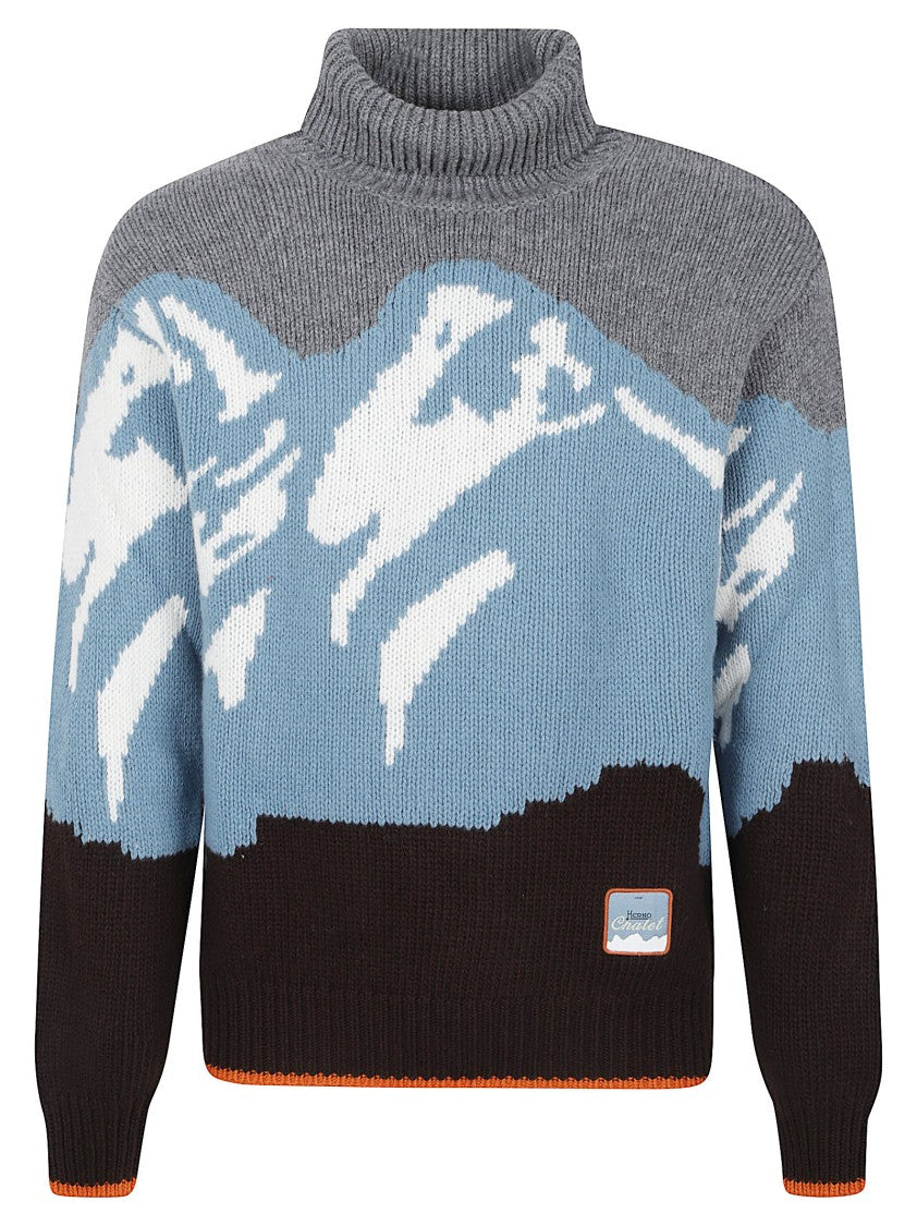 Herno Color-Blocked High Turtleneck Sweater With Abstract Patterns