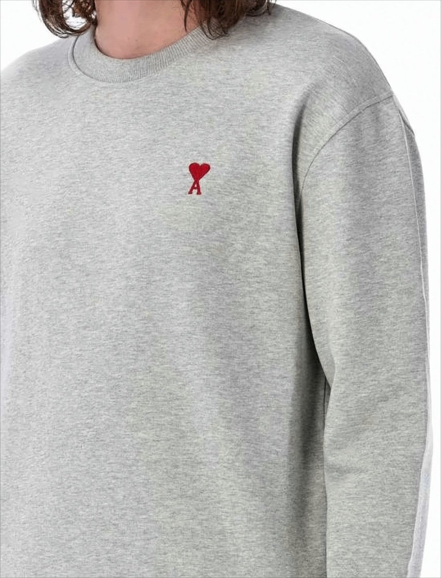 Ami Heather Grey Long-Sleeve Crewneck Sweatshirt With Embroidered Heart