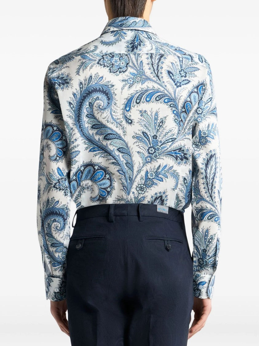 Etro Roma White Blue Paisley Cotton Shirt