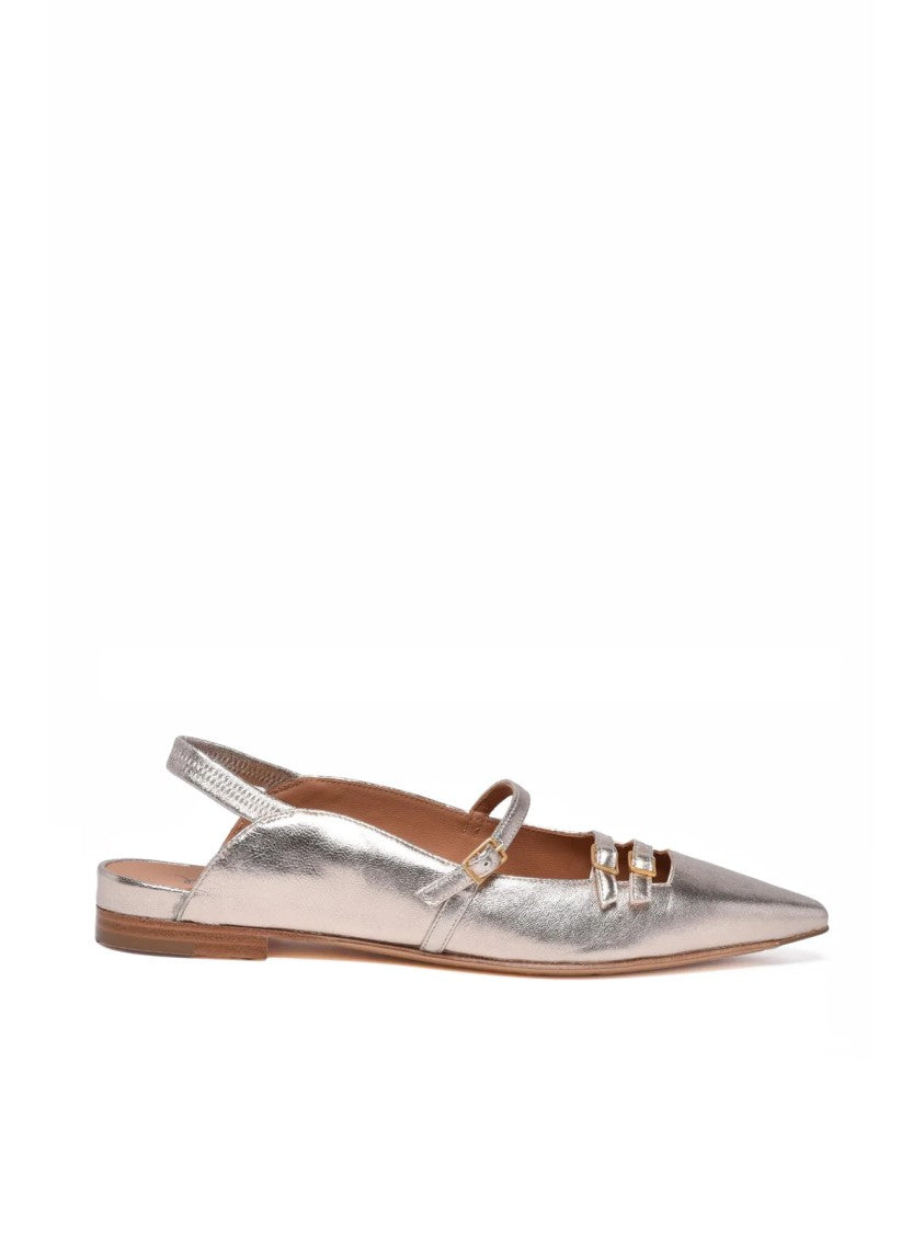 Masami Beige Pointed-Toe Metallic Leather Flats