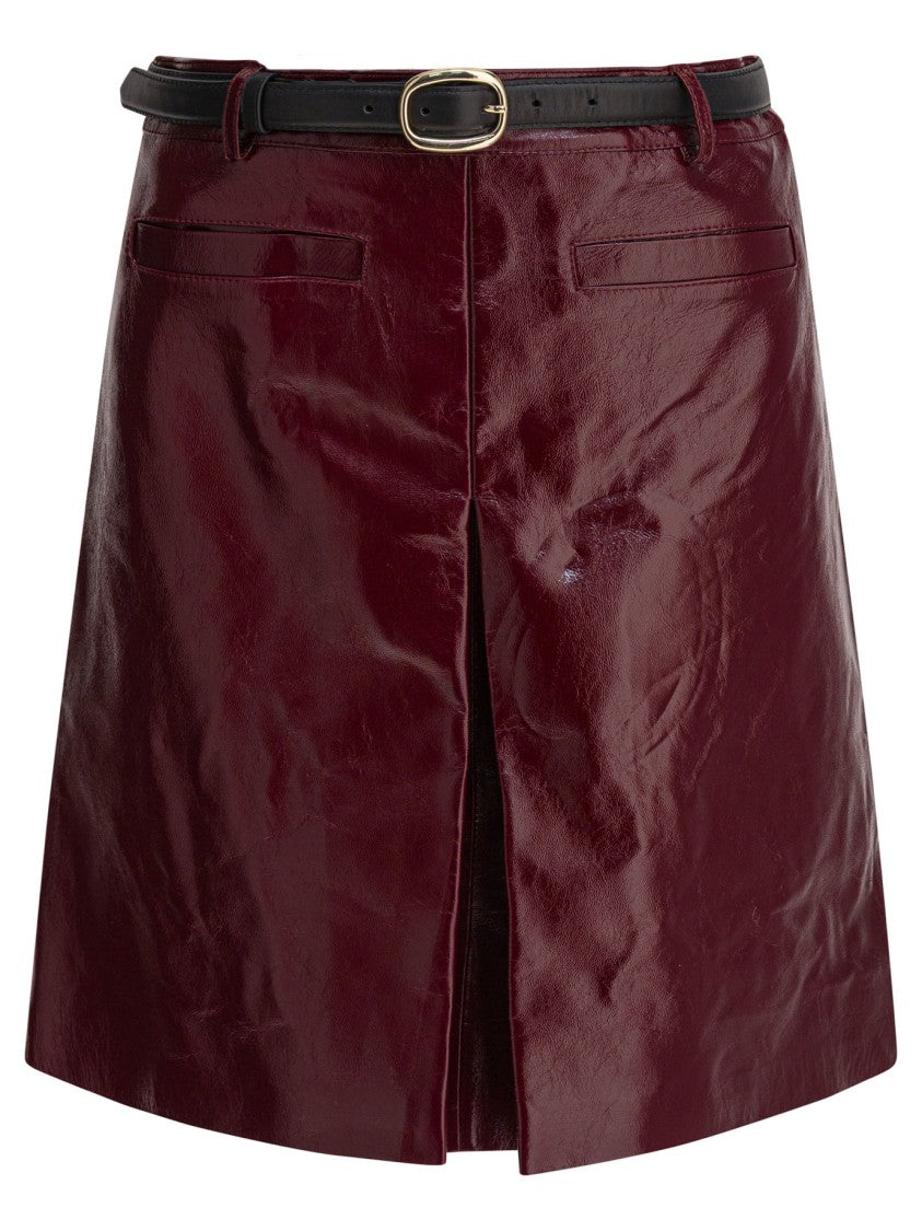 Self-Portrait Bordeaux Leather Mini Skirt With A-Line Silhouette