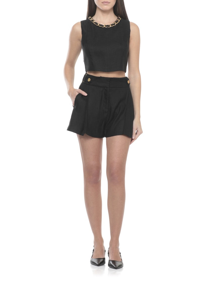 Elisabetta Franchi Black Chain Detail Linen Tank Top