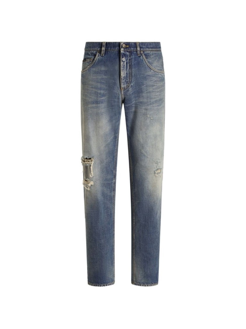 Dolce & Gabbana Blue Faded Denim Distressed Five-Pocket Jeans
