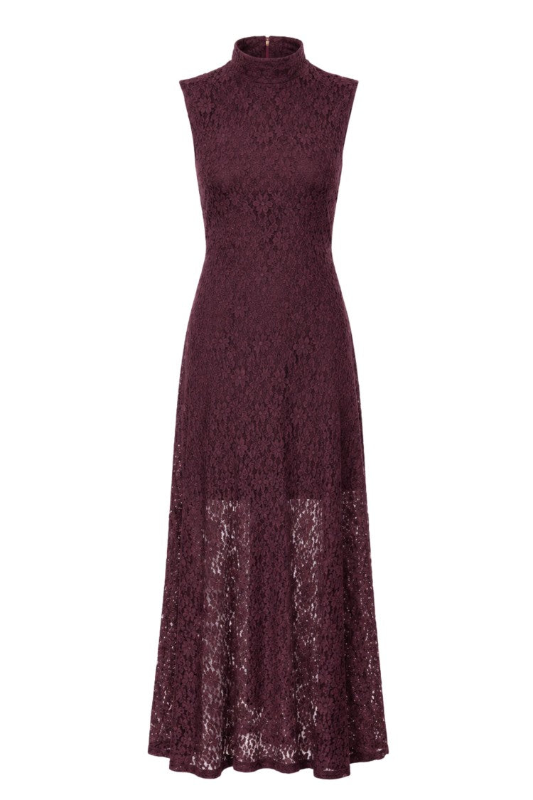 Rotate Wine High Neck Lace Maxi Flared Dress