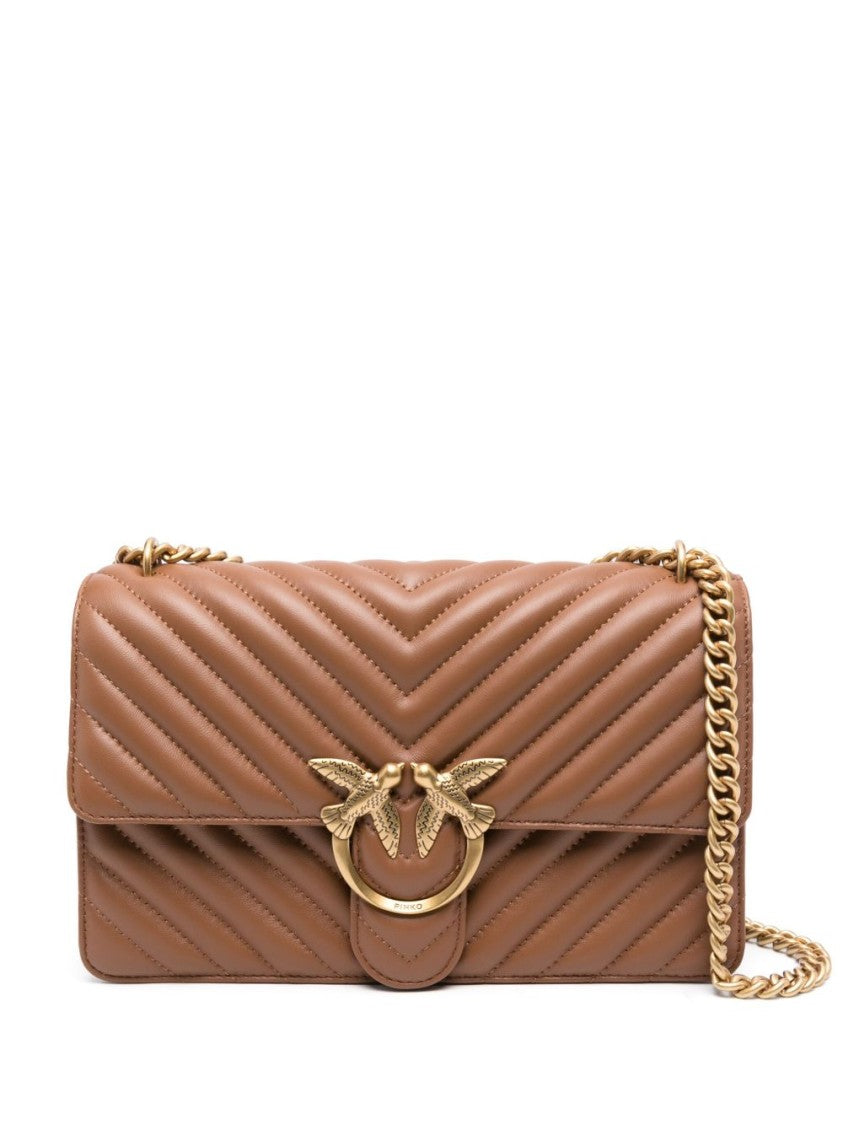 Pinko Quilted Brown Calfskin Shoulder Bag With Gold Hardware