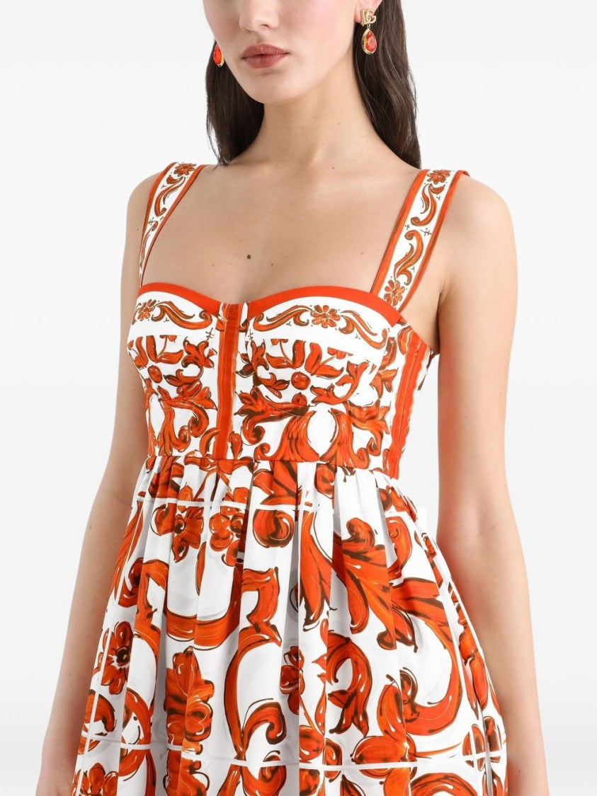Dolce & Gabbana Majolica-Print Poplin Mini Dress With Fitted Bustier Bodice