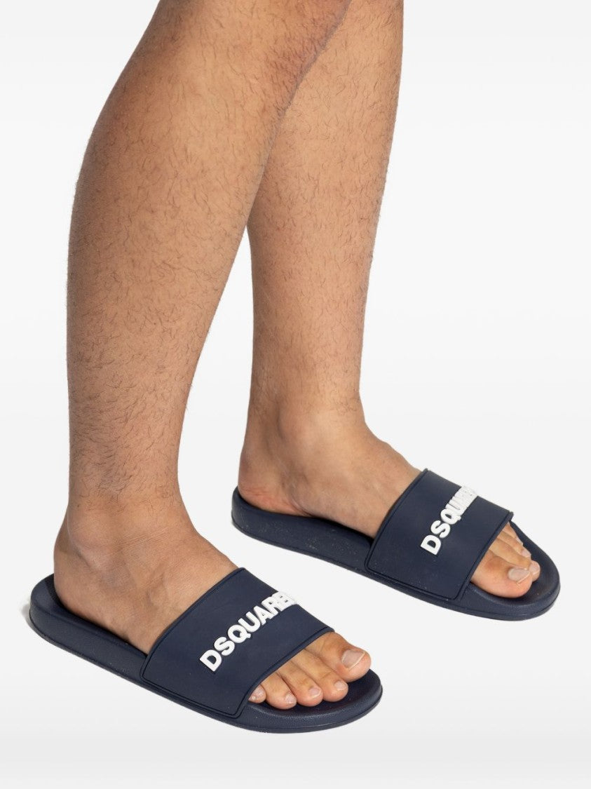 Dsquared2 Navy Blue Logo Lettering Flat Sandals