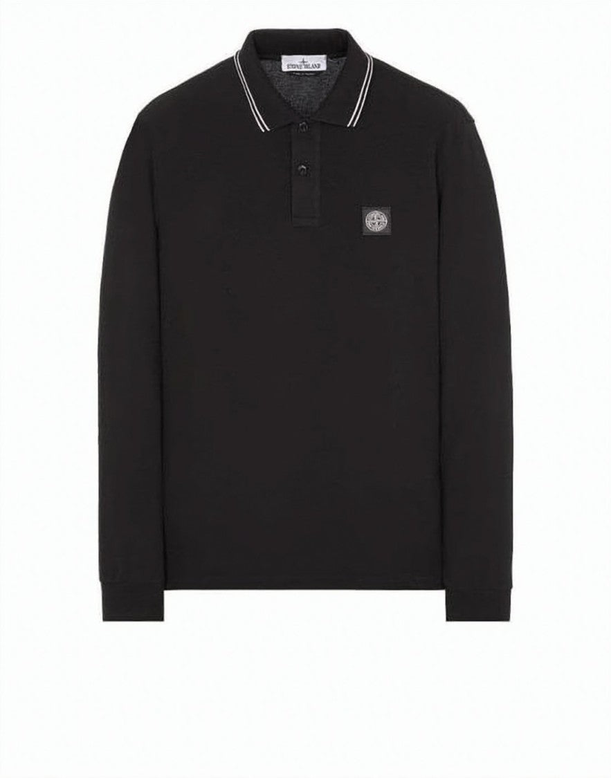 Stone Island Black Long-Sleeve Polo Shirt With Striped Collar Detail