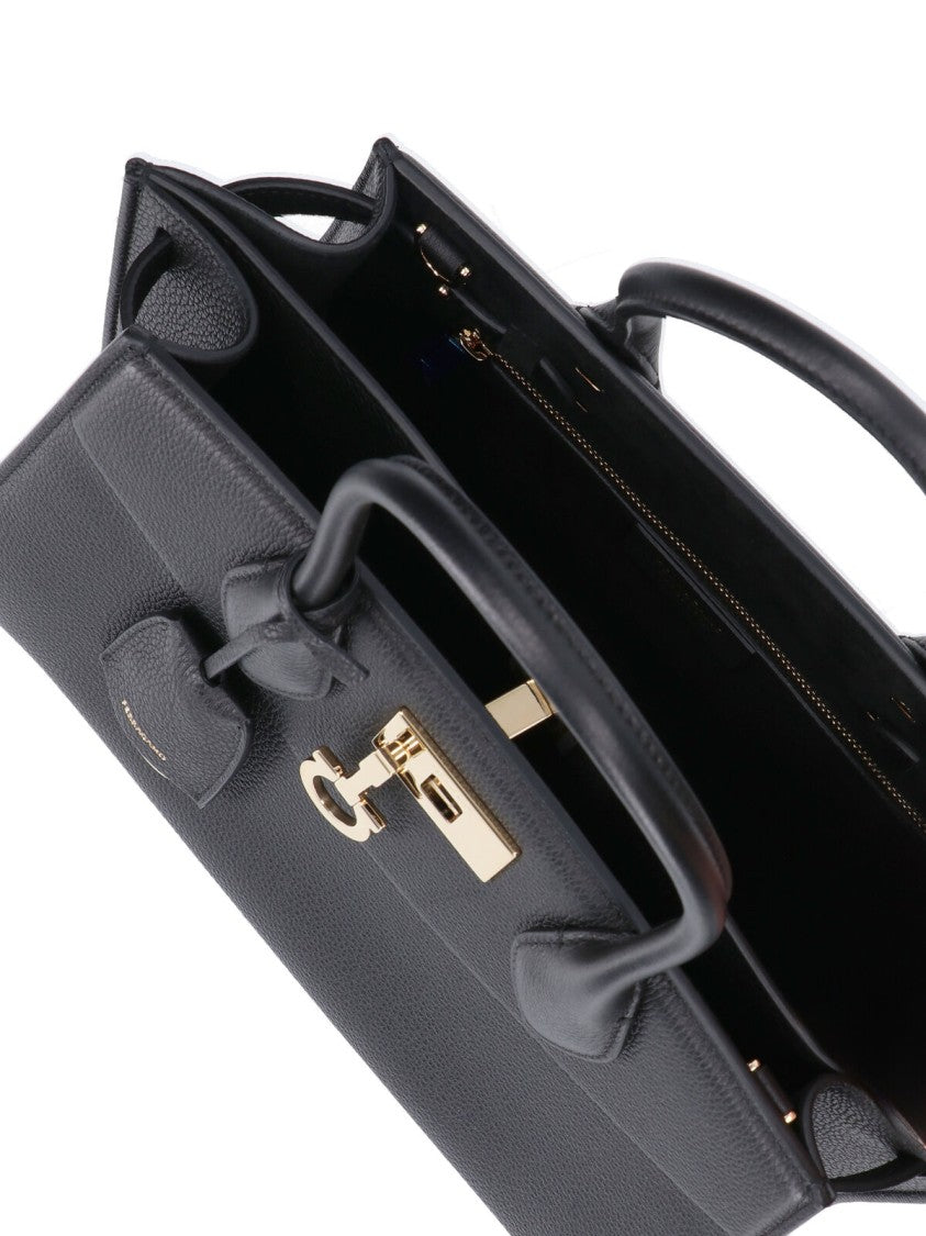 Ferragamo Structured Black Leather Handbag With Gold-Tone Closure