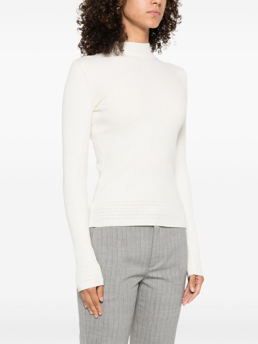 Twin-Set Ribbed White Sweater With High Neckline
