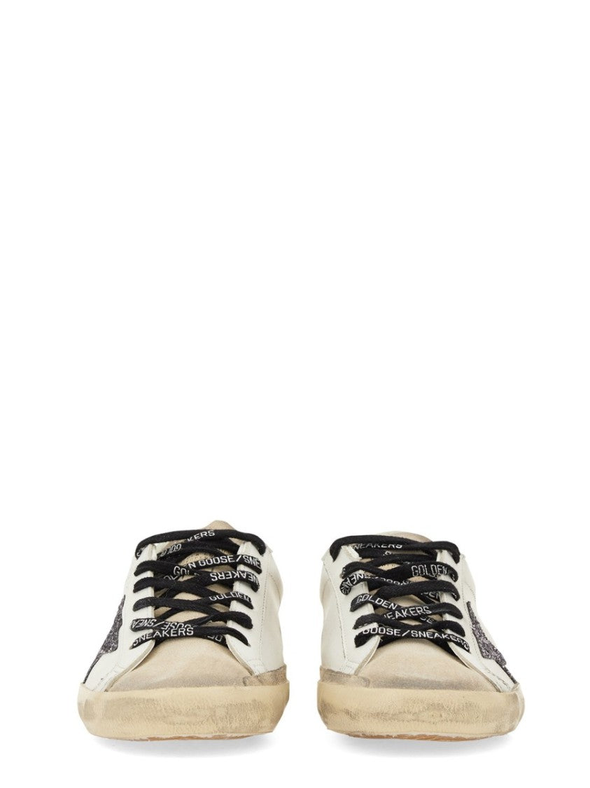 Golden Goose Superstar Distressed Glitter Accent Leather Sneakers
