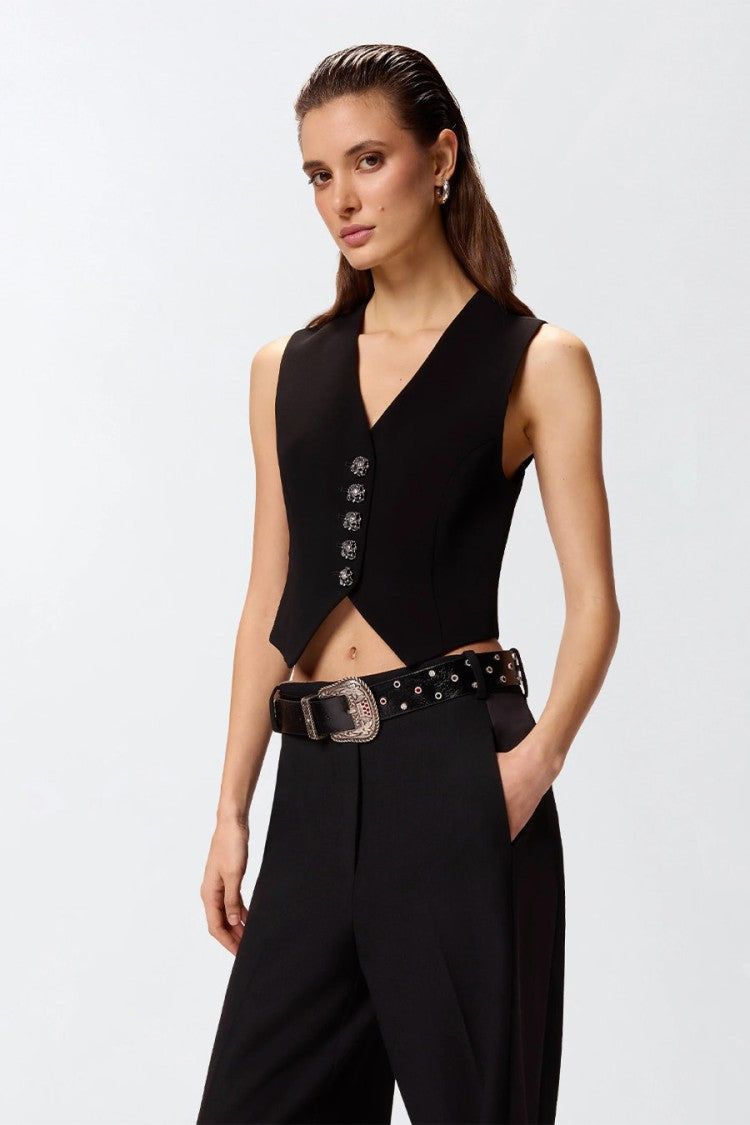 Pinko Black Crystal-Embellished Button Viscose-Blend Waistcoat
