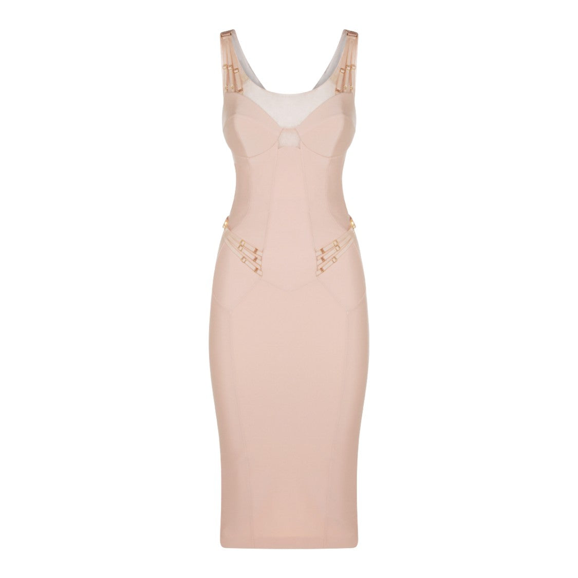 Elisabetta Franchi Nude Midi Dress With Transparent Mesh Panels And Buckle Details