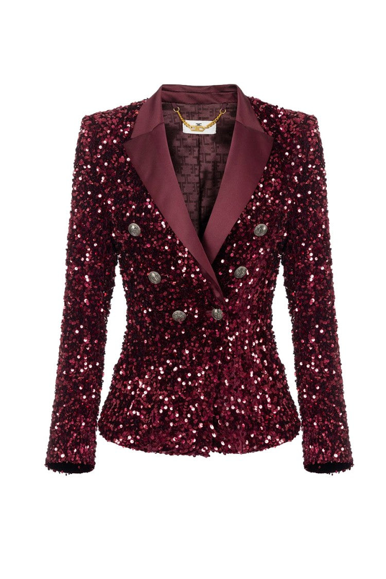 Elisabetta Franchi Double-Breasted Blazer With Satin Lapel And Sequins