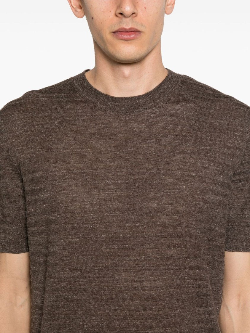 Corneliani Short-Sleeved Brown Knit Top With Textured Finish